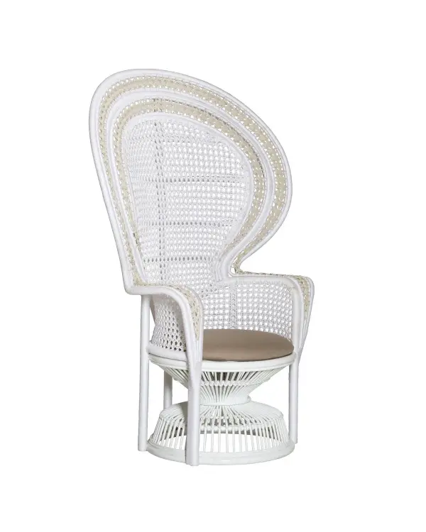 A striking statement piece that blends 1970s bohemian glamour with contemporary durability. The classic peacock silhouette features white performance rope over bent rattan with a comfortable linen-cotton cushion.