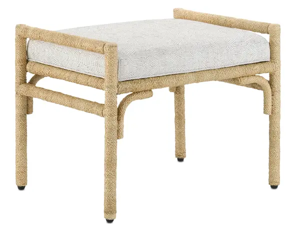 The Olisa Ottoman brings organic texture and coastal charm with its braided Abaca rope wrapped around a wrought iron frame. Upholstered in a neutral fabric blend, it serves as both extra seating and a stylish accent piece.