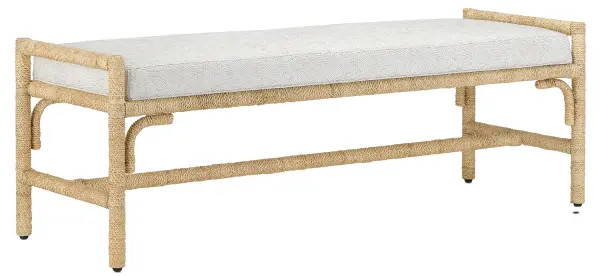 The Olisa Bench brings organic warmth through hand-wrapped Abaca rope over a sturdy wrought iron frame. Its neutral upholstery and natural finish make it versatile for bedrooms, entryways, or living spaces seeking textural interest.