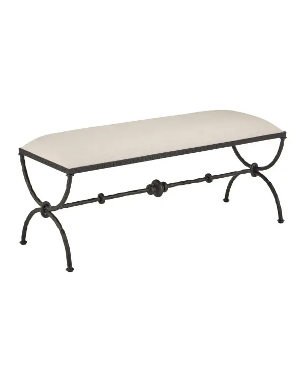 The Agora Bench brings timeless elegance with its classical Greek design elements. The hourglass-shaped wrought iron legs create a sculptural statement, while the beige upholstered seat provides comfort and tonal contrast against the bronze finish.