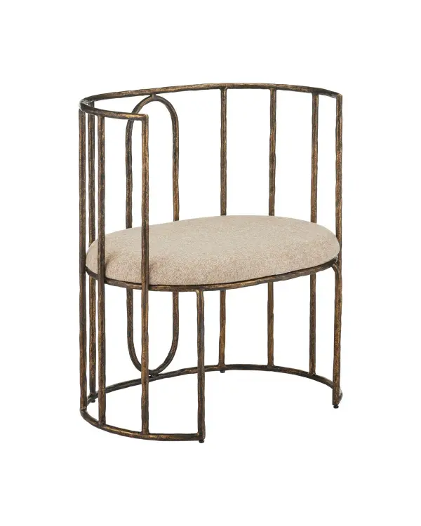 A striking accent chair that merges art and function with its geometrically inspired iron frame and floating upholstered seat. The aged bronze finish and spine-like slat design create a museum-quality focal point.
