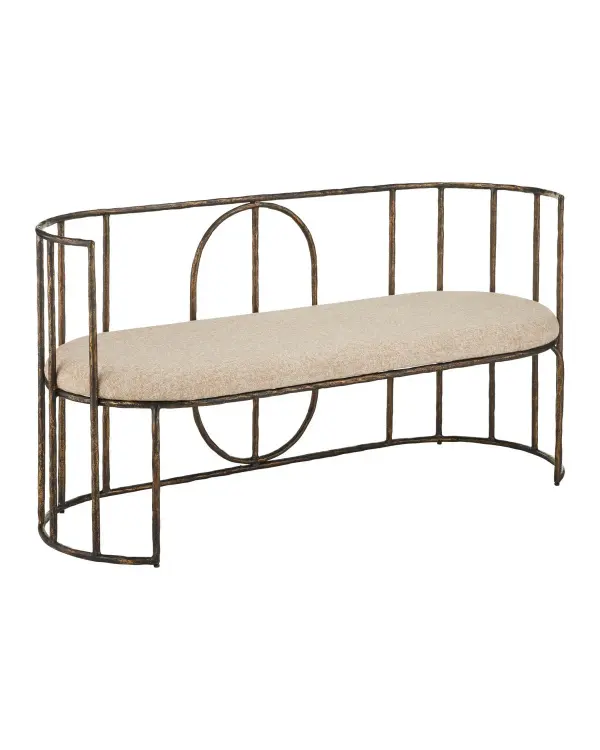 A striking 60-inch bench that merges art and function with its geometrically inspired wrought iron frame in antique bronze. The curved slat design creates visual drama while the neutral upholstered cushion ensures comfort.