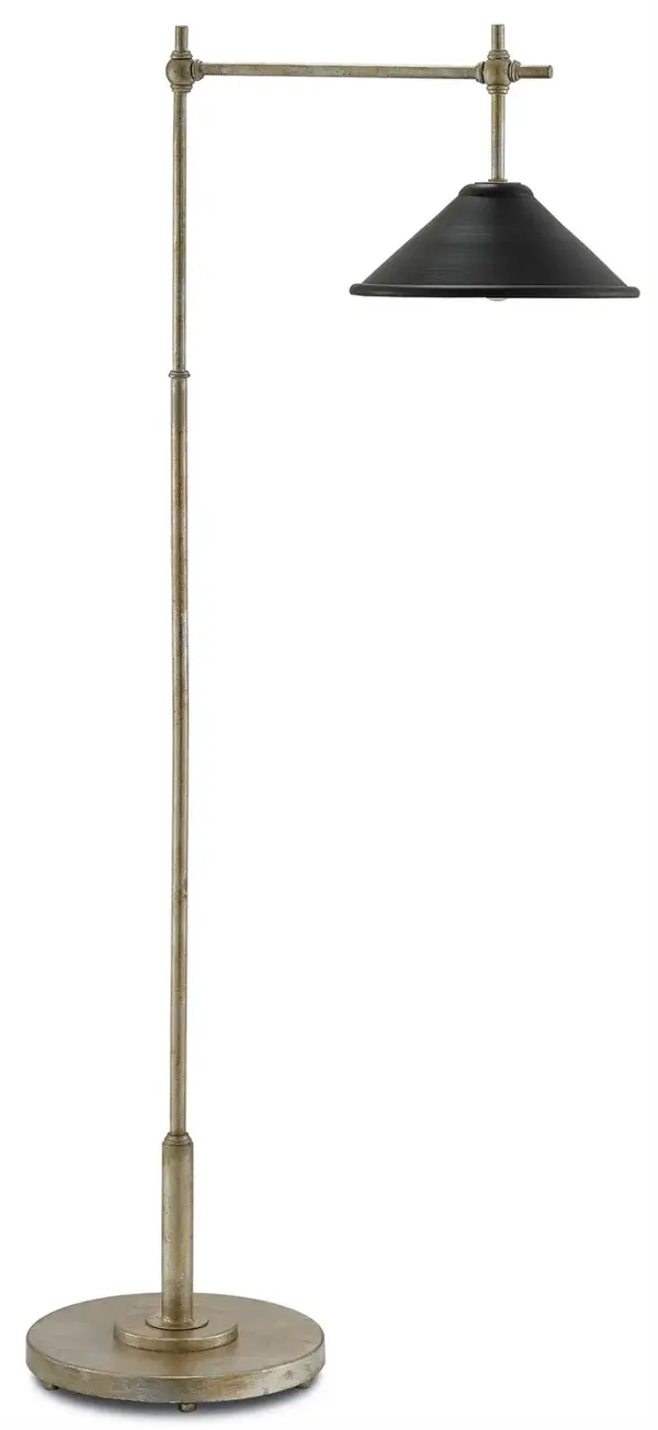 The Dao Floor Lamp combines architectural form with subtle Asian influence through its distinctive knobby globe accents and slim column design. The silver Granello finish paired with a black-and-silver shade creates sophisticated contrast.