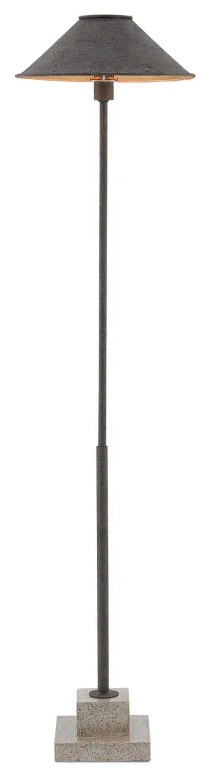 The Fudo Floor Lamp combines industrial materials with refined finishes. Its wrought iron construction in mole black contrasts beautifully with the polished concrete base, while the gold leaf interior creates warm, ambient lighting.