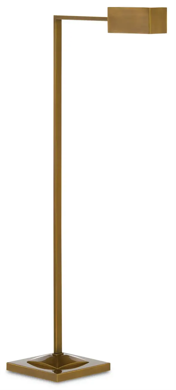 The Ruxley floor lamp combines form and function with its lean L-shaped profile and adjustable rectangular shade. Perfect for readers who appreciate clean, modern design with a warm brass finish.