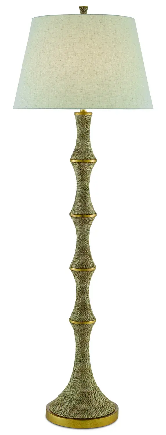 The Bourgeon Floor Lamp combines organic Abaca rope wrapping with gleaming contemporary gold leaf metal accents for a refined transitional aesthetic. At 66 inches tall, it provides substantial presence while the natural materials keep it approachable.