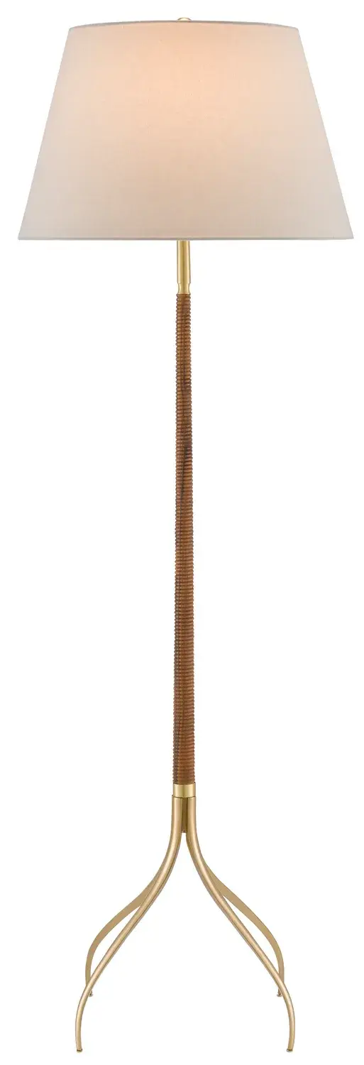The Circus Floor Lamp combines solid brass curved legs with a carved, tapered wood column for a sophisticated material story. Its transitional design bridges traditional craftsmanship with organic modern sensibility.
