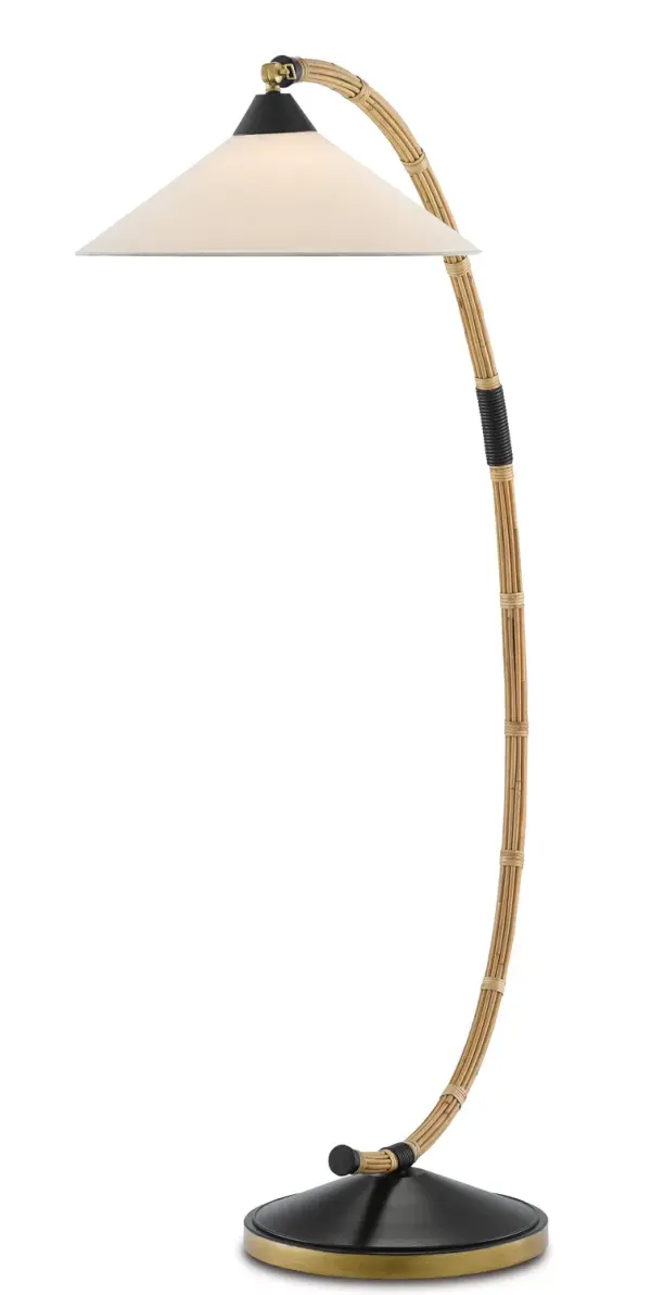 A nod to one of the world's seafaring port cities, our Lisbon Floor Lamp, which is made of wrought iron in new brass and satin black finishes, has a stem covered in rattan to bring a nautical feel to its character. Several design notes worth mentioning on this rattan floor lamp are the curvature of the stem that has several sections wrapped horizontally in black, the shape of and details on the off-white linen shade, and the black finish at the top of the base. Collection: Lisbon Finish: Natural/Satin Black/Brass Glass: Off White Shantung Notes: LED bulb included only to California. Width: 16.00" Height: 61.50" Length: 28.75" Weight: 15.00 lb Wire: 8'Black Number of Bulbs: 1 Maximum Wattage: 150.00 W Bulb Type: A Bulb Base: E26 Voltage: 120.00 V Material: Rattan / Wrought Iron Country of Origin: Philippines Safety Listing: UL/cUL Safety Rating: Dry Switch: Foot Switch Connection: Portable Manufacturer Warranty: Warrants products for 1 yr against defects in materials & workmanship