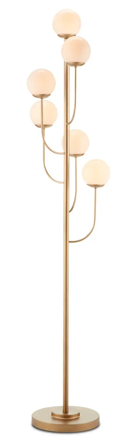 A striking floor lamp that captures the essence of mid-century modern design with six opaque white glass globes arranged on arcing brass arms. The staggered configuration creates visual interest while providing ambient lighting.