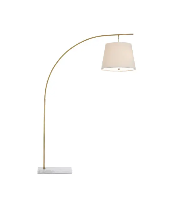 The Cloister floor lamp combines modern minimalism with luxurious materials. Its angular arc design and antique brass finish create a sophisticated focal point, while the marble base provides stability and visual weight.