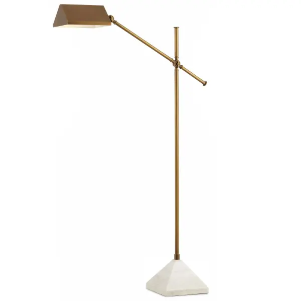 The Repertoire floor lamp combines modern minimalism with functional flexibility. Its adjustable arm and shade allow precise light positioning, while the solid marble pyramid base provides stability and luxury appeal.