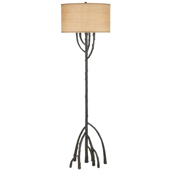 This distinctive floor lamp brings organic coastal elegance indoors with its cast aluminum base shaped like mangrove roots. The textured bronze finish and natural grasscloth shade create warm, ambient lighting perfect for living spaces.