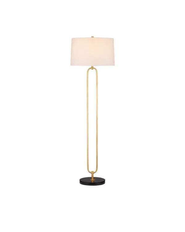 The Glossary Floor Lamp brings artistic sophistication with its oblong open-form body resembling a giant paper clip. The contemporary gold leaf finish paired with a black marble base creates visual interest while maintaining an unobtrusive presence.
