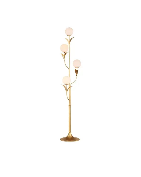 The Rossville Floor Lamp combines mid-century modern aesthetics with organic design elements. Four globe-shaped bulbs on arcing stems create visual interest, while the contemporary gold leaf finish adds warmth and sophistication to any space.