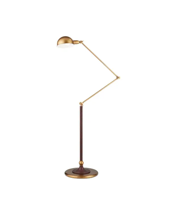 The Libretto combines functionality with sophisticated style through its ratcheted adjustable joints and rich material mix. The antique brass finish paired with rust-toned faux leather creates warmth while the articulating design makes it ideal for reading.