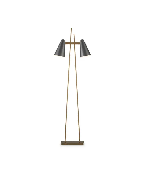 The Duet Floor Lamp features asymmetric dual shades designed for two readers, combining oil rubbed bronze and antique brass finishes. Its thoughtful design provides targeted task lighting while adding visual interest to any room.