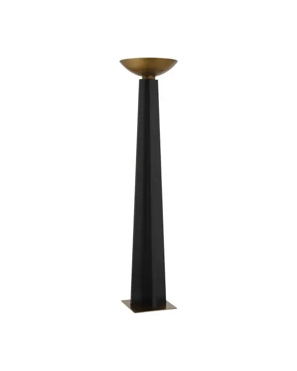 The Calyx Torchiere brings architectural presence with its telescoping rubberwood body and pitted texture. The rubbed black finish reveals subtle wear along edges, creating authentic patina. Integrated LED provides efficient uplight.