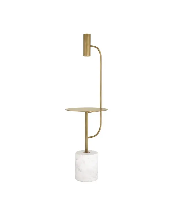 The Eastlin combines architectural brass shapes with a substantial white marble base for a sophisticated modern aesthetic. Energy-efficient LED lighting and foot-switch convenience make it both beautiful and practical.