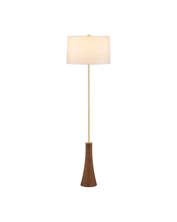 The Lathe Floor Lamp combines natural beechwood with brushed brass for a sophisticated, organic aesthetic. Its turned wood base features subtle ribbing that adds textural interest, while the white linen shade provides soft, diffused light.