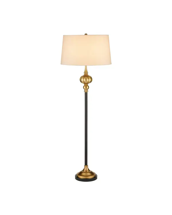 The Haines Floor Lamp combines a slender brass stem in bronze finish with vintage brass accents and a black granite base detail. Its 64.5-inch height and classic off-white shade make it ideal for reading corners and ambient lighting.