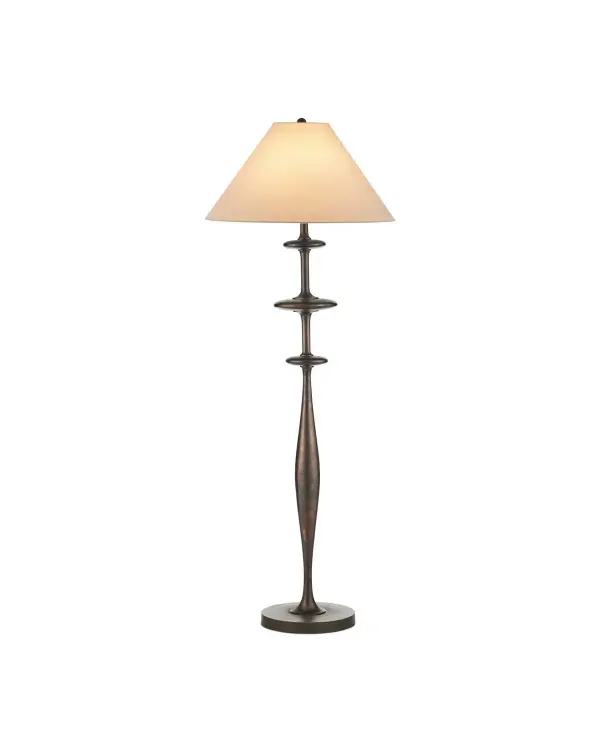 The Aqueous Floor Lamp brings artistic sophistication with its cast aluminum construction and hand-applied dark bronze finish featuring rich patina variations. At 64.5 inches tall with a 24-inch shade, it provides substantial presence and ambient lighting for traditional and transitional interiors.