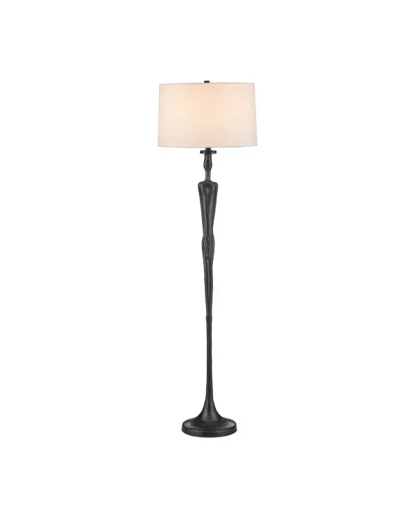 The Mirage Floor Lamp transforms functional lighting into art with its elongated torso silhouette cast in aluminum. At 64 inches tall, it makes a bold statement while providing ambient illumination through a white fabric shade.