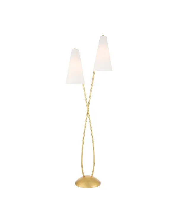 A sophisticated floor lamp featuring dual stems balanced on a rounded base, inspired by ballet movements. The contemporary gold leaf finish and white fabric shades create a refined aesthetic perfect for modern interiors.