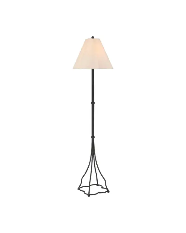 The Felicity Floor Lamp showcases hand-forged wrought iron craftsmanship with elegant quatrefoil details echoed in both the shade and base. Its flowing iron ribs and tapered shade create visual interest while the brushed black finish adds sophistication.