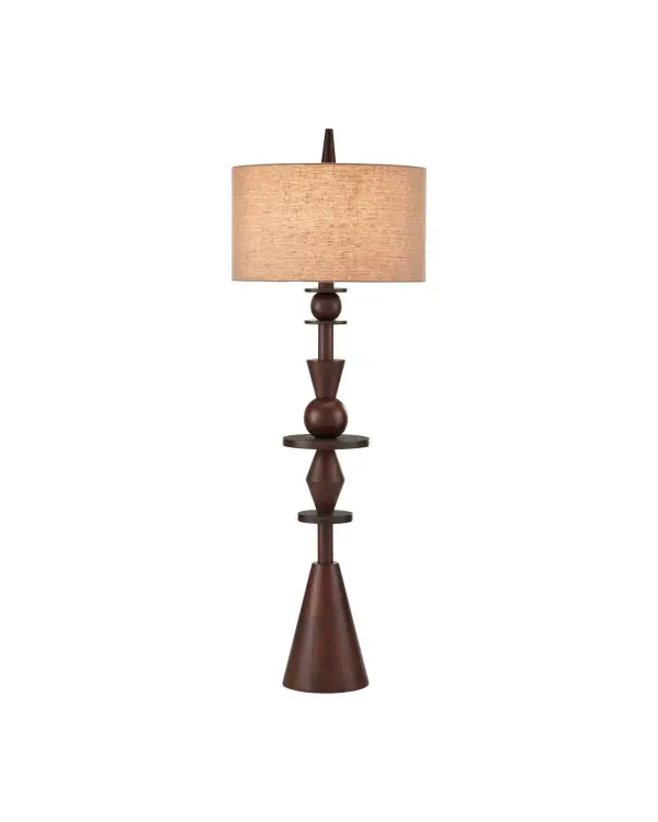A striking floor lamp featuring hand-carved mango wood in a rich walnut brown finish. The totem pole-inspired design creates a sculptural focal point, while the natural linen shade provides warm, diffused lighting for living spaces.
