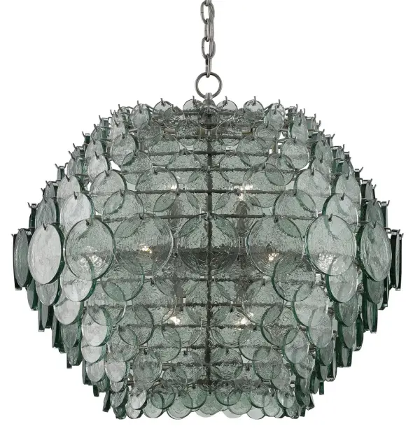 The Braithwell transforms recycled glass into art with overlapping discs that create a mottled mosaic effect. Its 14-light configuration provides ample illumination while the silver Granello finish adds sophisticated shimmer.