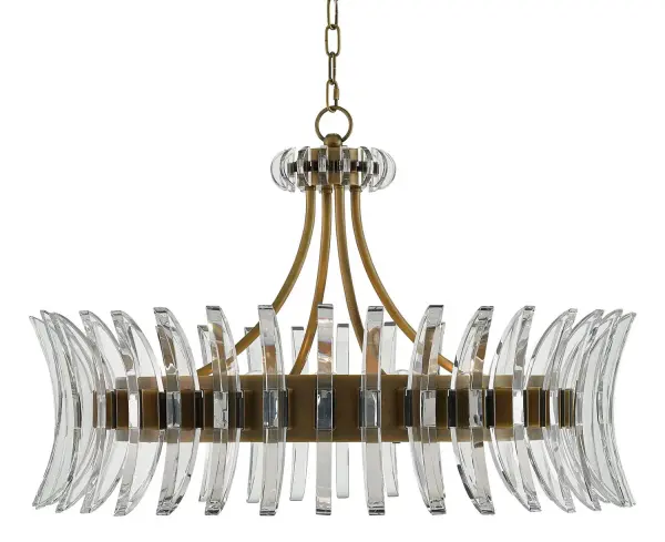 A stunning modern interpretation of Art Deco design featuring optic crystal blades arranged in half-moon slivers around an antique brass frame. The interplay of clear crystal and warm brass creates sophisticated glamour perfect for formal spaces.