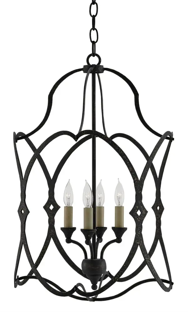 The Charisma lantern brings Old World charm with its distinctive arcing oval frame and French black finish. Diamond-shaped accents add refined detail to this wrought iron fixture, perfect for creating a sophisticated entry statement.