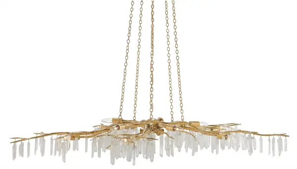 This oversized 62-inch chandelier transforms spaces with its organic branch-like form adorned with natural quartz crystals. The washed Lucerne gold finish adds warmth while the sculptural design creates a stunning focal point.