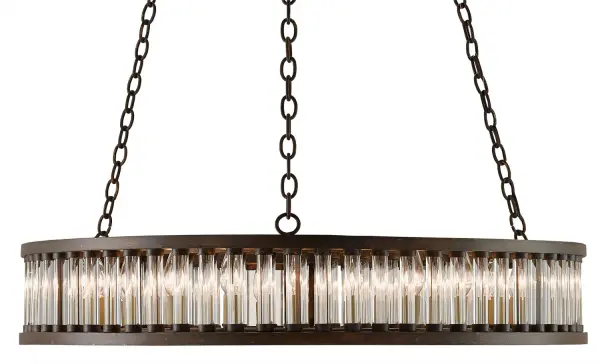 A show-stopping chandelier that combines bronze verdigris metalwork with solid optic crystal cylinders to create dazzling light refraction. At 40 inches wide with 24 lights, this substantial fixture commands attention in grand spaces.