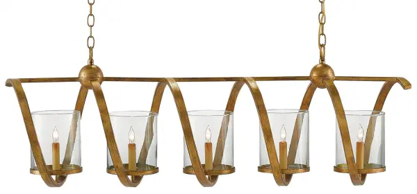 The Maximus chandelier combines artistry and function with its spiraling wrought iron frame in textured washed gold leaf. Five glass shades provide ample illumination while the 47-inch linear profile makes it perfect for dining tables and kitchen islands.