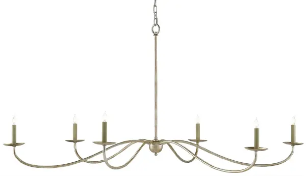 An impressive 63-inch diameter chandelier that bridges traditional elegance with contemporary design. The slender arcing lines and Silver Granello finish create a sophisticated focal point for grand spaces.