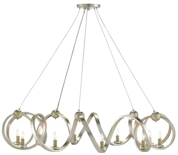 The Ringmaster delivers bold contemporary style with its cold-forged wrought iron construction and striking undulant form. Ten lights provide exceptional illumination while the silver leaf finish adds refined elegance to large spaces.