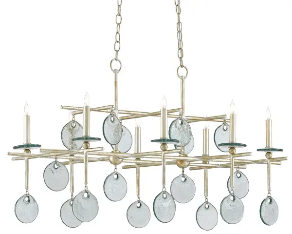 The Sethos brings early American charm with its wrought iron frame and cascading recycled glass discs. The silver Granello finish adds vintage character while the linear form suits modern dining spaces.