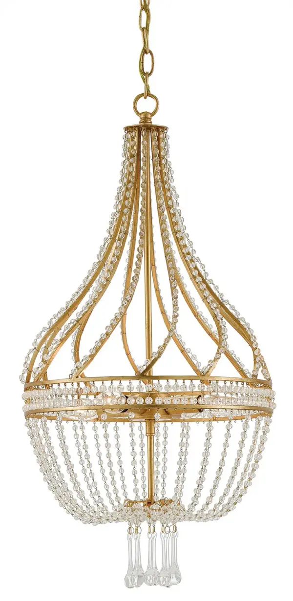 A stunning mini chandelier featuring cascading crystal beads in a classic empire silhouette. The antique gold leaf finish adds warmth and sophistication, while the adjustable height makes it versatile for various ceiling heights.