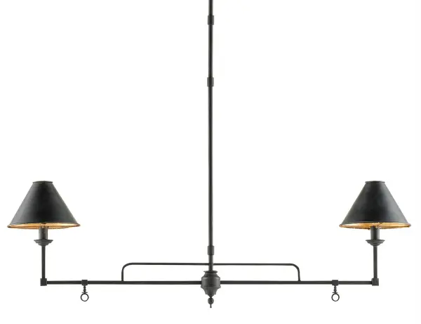 A sophisticated linear chandelier that reimagines traditional gas lighting with contemporary flair. The French black exterior contrasts beautifully with gold leaf interiors, creating warm, opulent illumination perfect for kitchen islands and dining spaces.