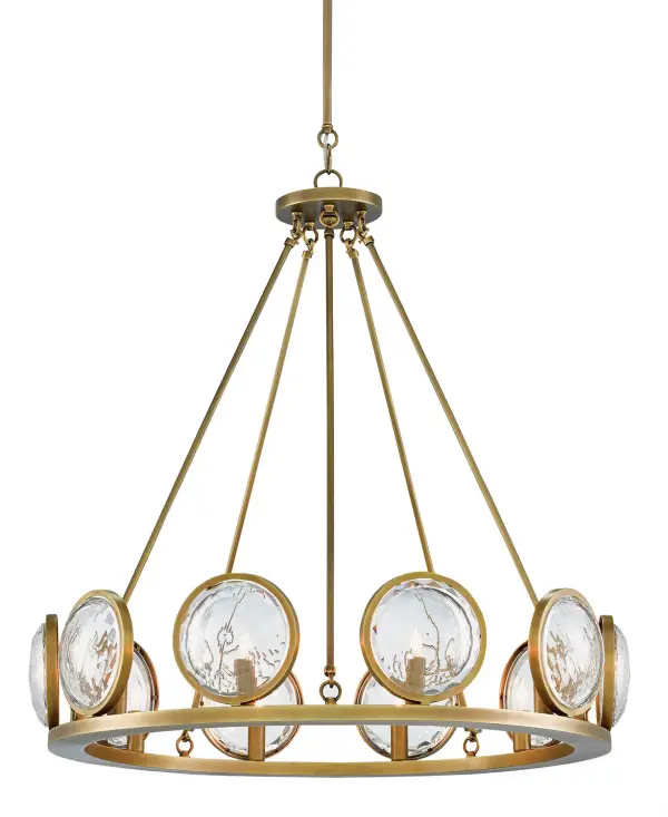 The MarjieScope chandelier makes a stunning statement with concentric circles of faceted optic crystal framed in warm antique brass. Its generous 32-inch diameter and adjustable drop make it versatile for various ceiling heights.