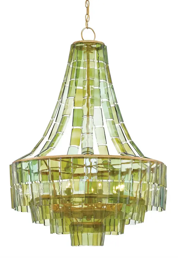 A stunning sustainable statement piece featuring hand-cut recycled bottle glass in varying green hues. The organic cascade design pairs beautifully with contemporary gold leaf finish, creating visual interest while supporting eco-conscious design.