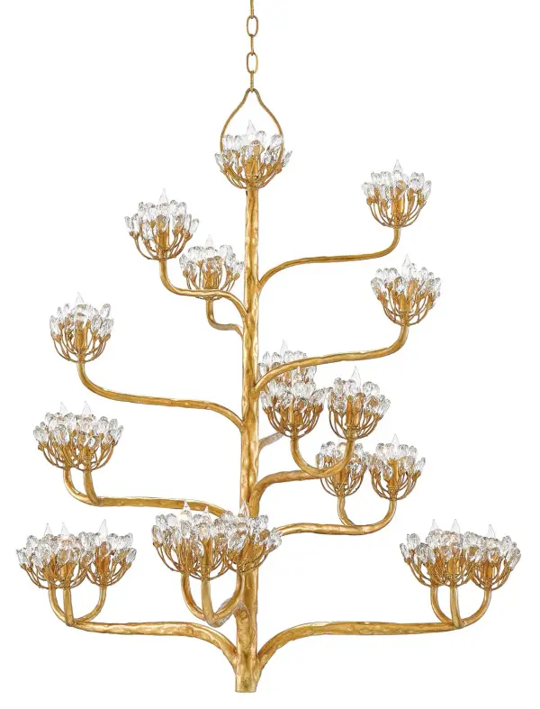 A spectacular 22-light fixture that commands attention with its organic sculptural form and sparkling crystal accents. The dark gold leaf finish creates warmth while faceted crystals add dramatic sparkle, making it ideal for grand spaces.