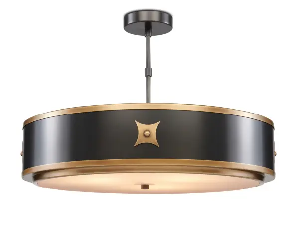 The Huntsman pendant combines classic drum silhouette with modern mixed-metal styling. Satin black exterior with antique brass accents and gold striping creates visual interest, while frosted glass provides soft, diffused light.