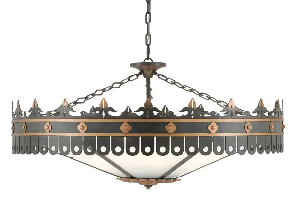 A sophisticated 6-light chandelier blending classical Swedish design with transitional elegance. The dual-finish combination of antique gold and moss gray creates visual depth while frosted acrylic shades provide soft, diffused light.