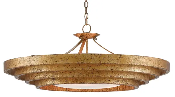 The Belle Chandelier brings modern sophistication through its distinctive concentric circle design that tapers downward. The gold leaf finish adds warmth and patina to the wrought iron frame, while white glass shades provide soft illumination.