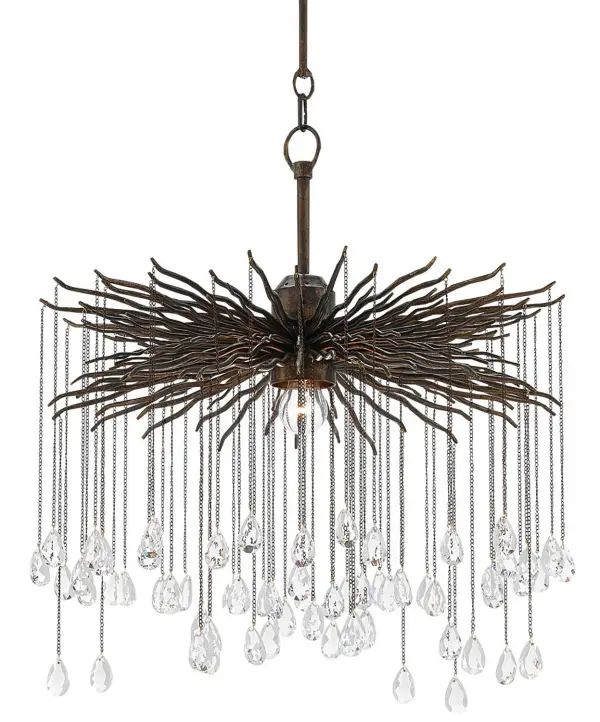 The Fen Small Chandelier combines industrial brutalism with organic elegance through wrought iron branches and delicate crystal accents. Its compact 20.5-inch size makes it perfect for intimate spaces while the Cupertino bronze finish adds warmth and sophistication.