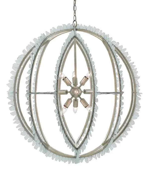 A stunning nine-light orb chandelier that brings ocean-inspired elegance to large spaces. Frosted recycled glass pieces with aqua tones create a sea glass effect against the contemporary silver leaf frame. Substantial 36" diameter makes a bold statement.