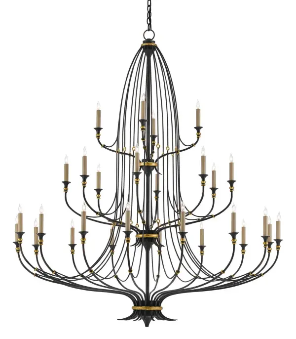 A commanding 28-light chandelier that combines Federal and French neoclassical influences in a sweeping 56.5-inch frame. The wrought iron construction features French black finish with hand-applied gold leaf accents, creating dramatic visual impact while maintaining surprising airiness.
