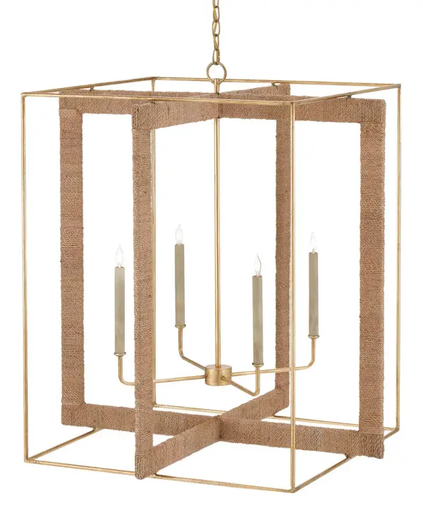 The Purebred Lantern combines contemporary boxy shapes with artisanal Abaca rope wrapping, creating a sophisticated focal point. Its substantial 32" square profile and adjustable height make it ideal for grand entryways and dining spaces.